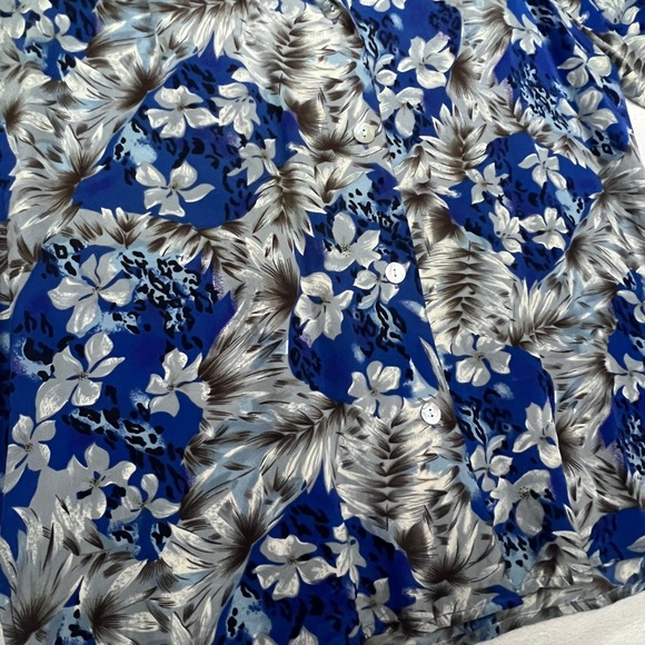 FU DA 100% Silk Size PL Button Up‎ Short Sleeve Blouse Top Blue Hawaiian Floral - Picture 9 of 14